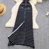 Celebrity High-end Contrasting Color Striped Knitted Dress Women's Small Fragrant Style Waist Slim and Thin Sleeveless Vest Long Dress