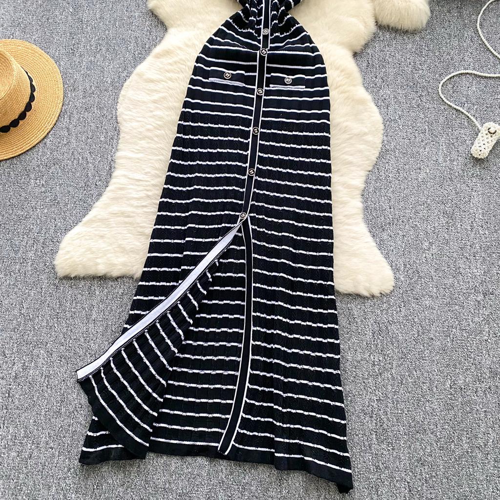 Celebrity High-end Contrasting Color Striped Knitted Dress Women's Small Fragrant Style Waist Slim and Thin Sleeveless Vest Long Dress