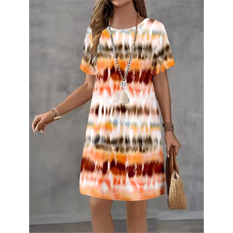 

Ladies Summer Striped Gradient Printed Short Sleeve Round Neck Dress Fashion Design Elegant Temperament Women Mini Casual Dress XL