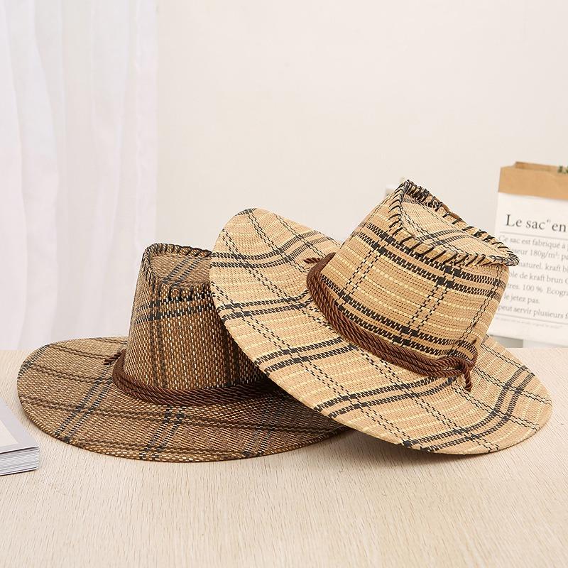 Straw Hat Men's Big Eaves Western Cowboy Hat Big Head Circumference Summer Sun Protection Visor Hat Medium and Old Sun Hat