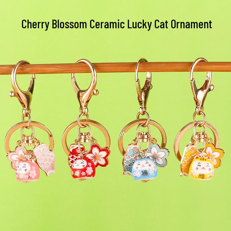 Sakura Ceramic Lucky Cat Pendant Keychain - Cute & Fashionable DIY Accessory