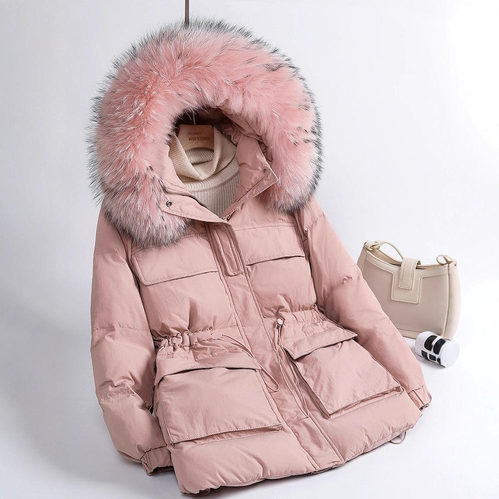 Raccoon Big Fur Collar Tooling Down Jacket Women's Winter Fashion Thickened Placket Sticker Warm Small Pie Overcome