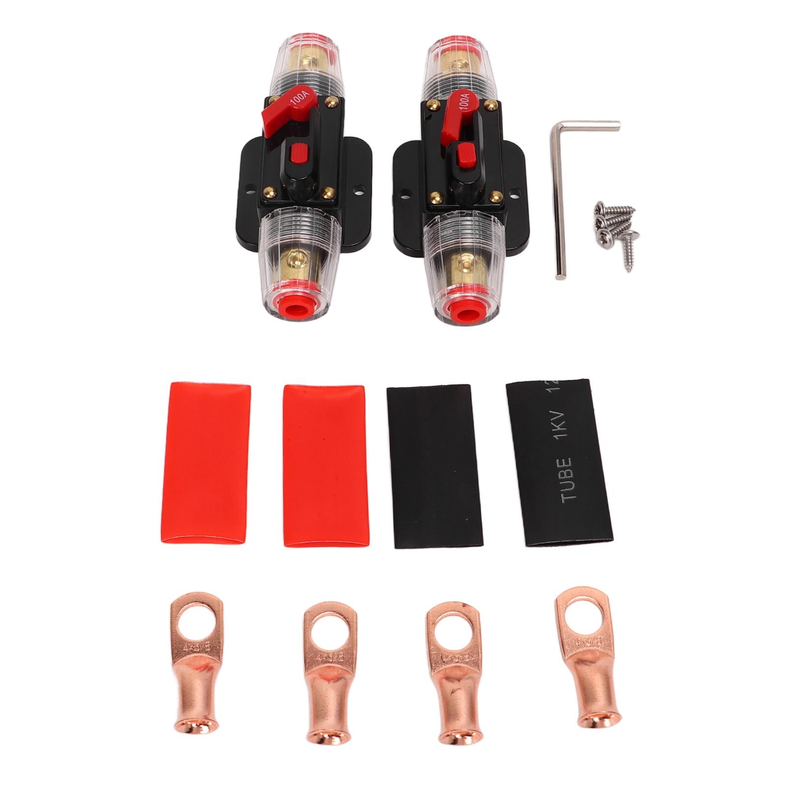

12‑24V Inline Circuit Breaker with Manual Reset Fuse Holder Battery Lugs Heat Shrink Tubes for Car Boat Audio System 100A
