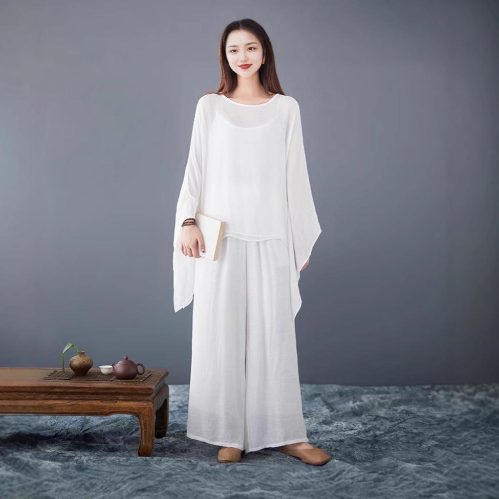 

Женский белый льняной костюм в стиле дзен: Топ в сказочном стиле и брюки широкого кроя для медитации Medium белый