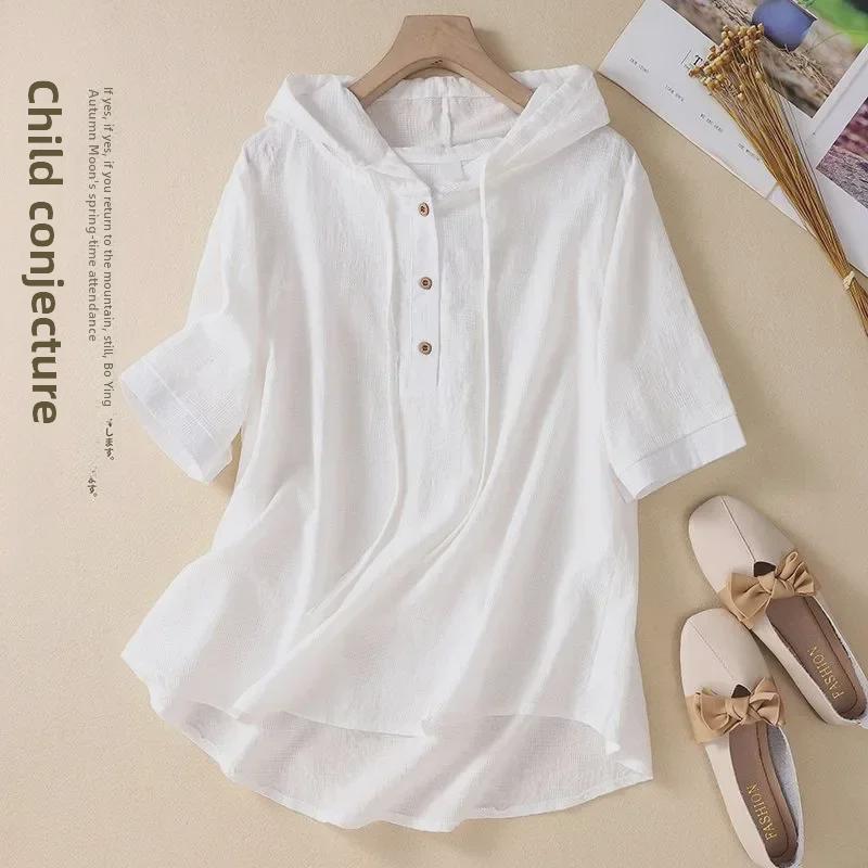2024 Women's Chinese-Style Jacquard Embroidered Cotton-Linen Hooded Cardigan Shirt - Casual and Trendy Summer Wear