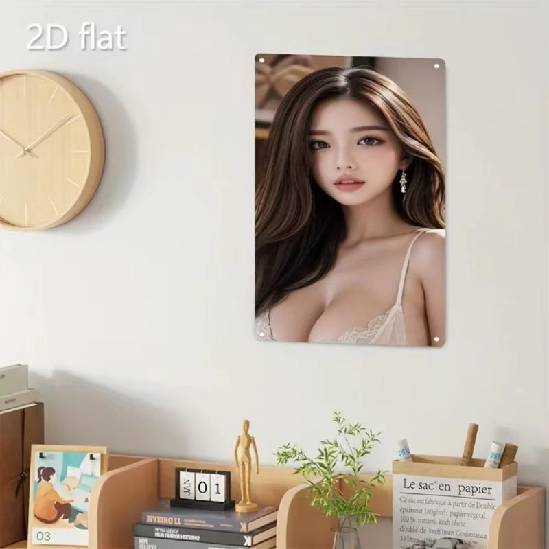Metal Wall Art Woman Portrait, Korean Style Iron Poster for Home Bar Cafe Office