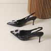 2025 spring new pointed thin heel patent leather bag head sandals temperament shallow mouth single shoes rhinestone pointed women's high heels