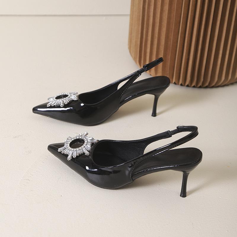 2025 spring new pointed thin heel patent leather bag head sandals temperament shallow mouth single shoes rhinestone pointed women's high heels