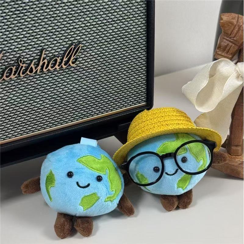 Cute Plush Earth Keychain with Hat and Glasses Kawaii World Globe Planet Pendant Stuffed Toy Bag Charm Accessories Keyring Gift