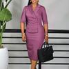 Spring Elegant Suit Collar Double-breasted Hip Wrap Suit Collar High Waist Five-quarter Sleeve Large Size Dress