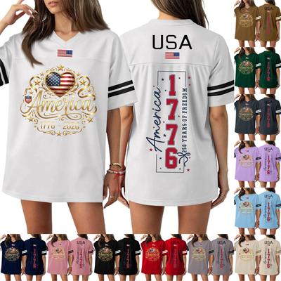Damen Casual Mode V-Ausschnitt Sport Unabhängigkeitstag Druck Kurzarm Sport T-Shirt Top