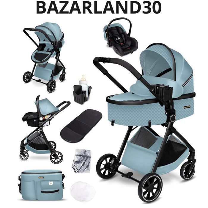 BAZARLAND30. 3-in-1 travel systemstrollercar seat, bassinet, ultra light (NS. 7 kg), rain cover, mosquito net. BLUE/BLACK blu