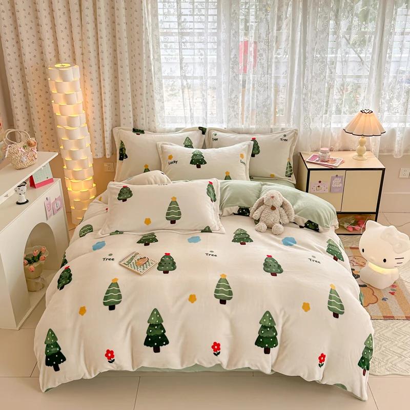 2024 New Class A Small Fresh Printed Milk Fleece Single Bedding Set Thick Warm Cartoon Quilt Cover Fall and Winter Duvet Cover