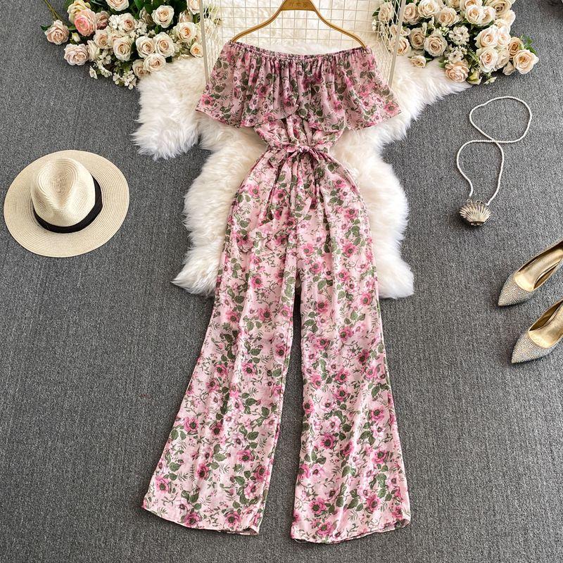 Women's Floral Loose Pants Jumpsuit Summer High Waist Waist-Tight Slimming Flounce off-Shoulder Jumpsuit Short Sleeve