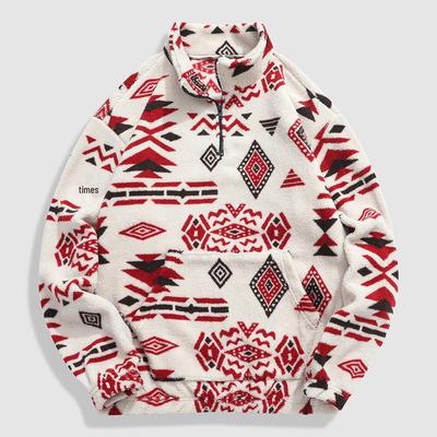 Europeisk Storlek Koreansk Chic Vinter Retro Etnisk Geometriskt Tryck Casual Långärmad Dragkedja Topp