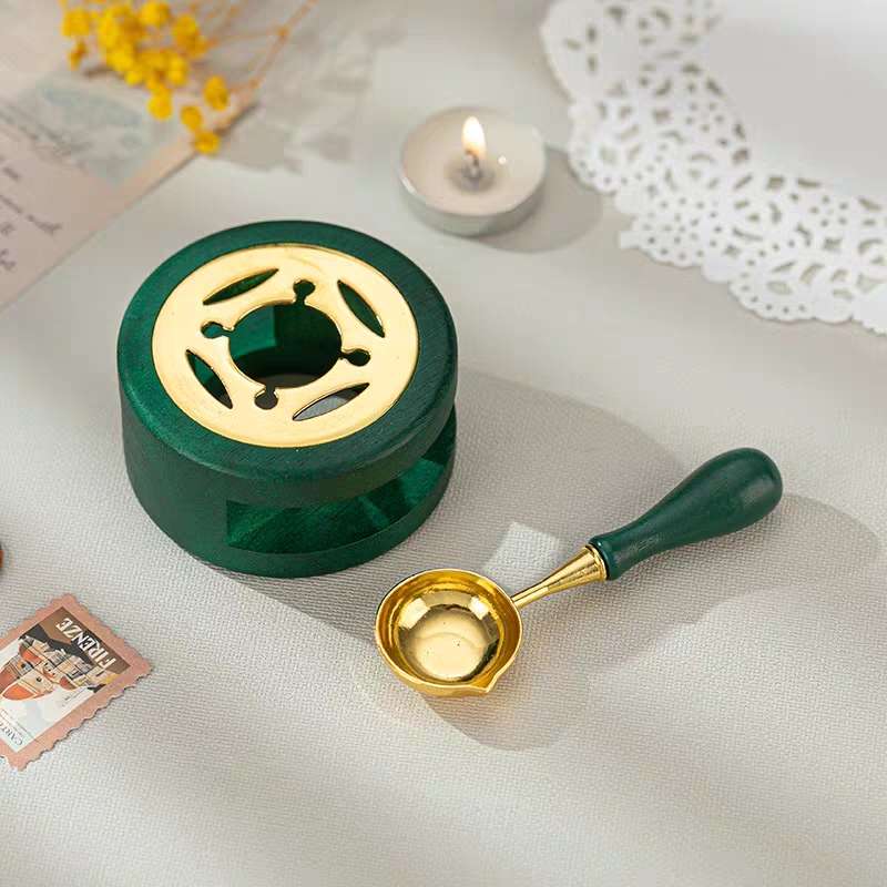 1set Lacquer Seal Furnace With Spoon Hollowed Out Circle Metal Sheet Wood For Stamping Lacquer Wax Melting Tool
