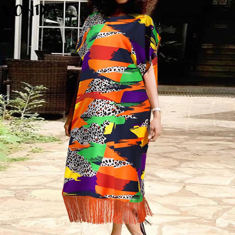 

VONDA летние женские вечерние длинные платья с короткими рукавами, винтажное повседневное свободное платье трапециевидной формы с принтом и кисточками, большие размеры