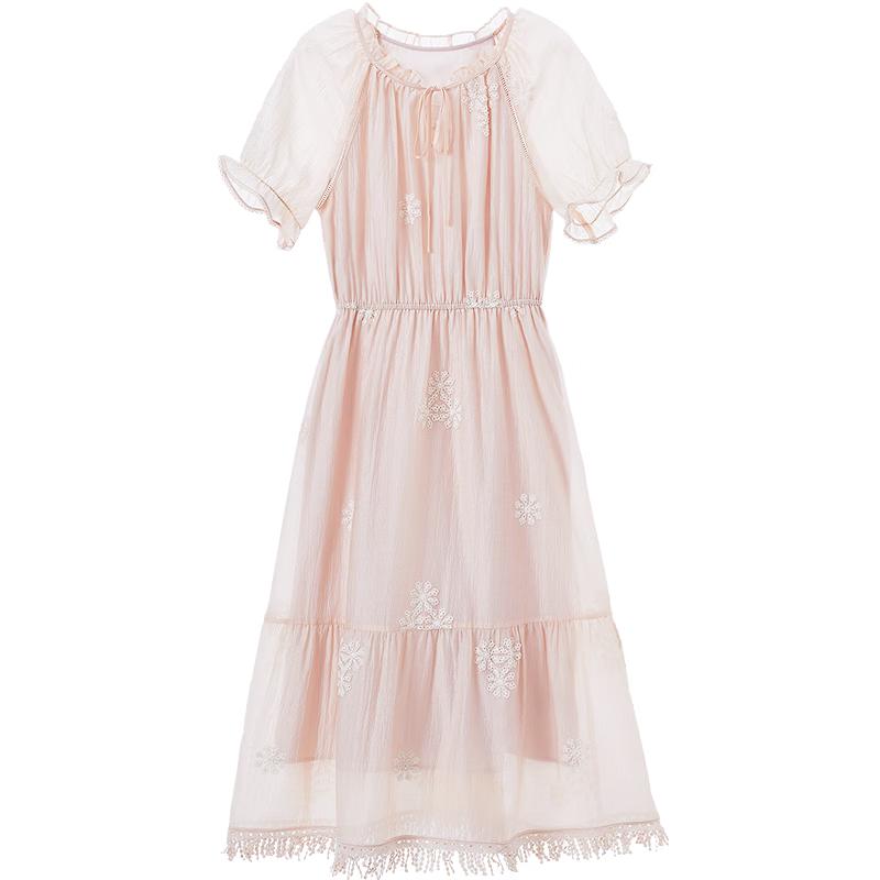 BETU French Style Floral Embroidered Short Sleeve Dress XS