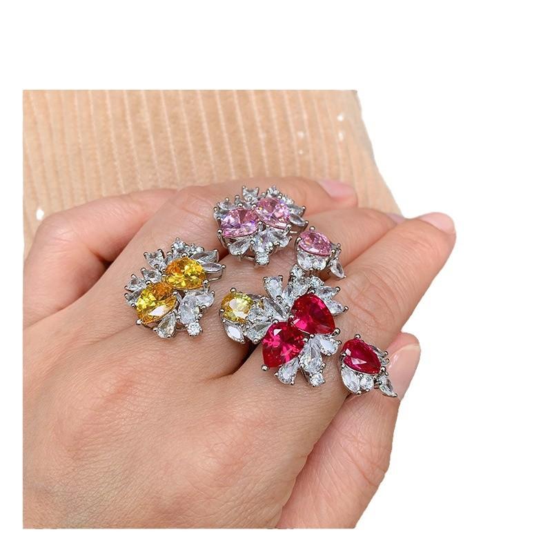 Simulation yellow diamond open ring female exaggerated irregular zircon simulation red pigeon blood ring fashion