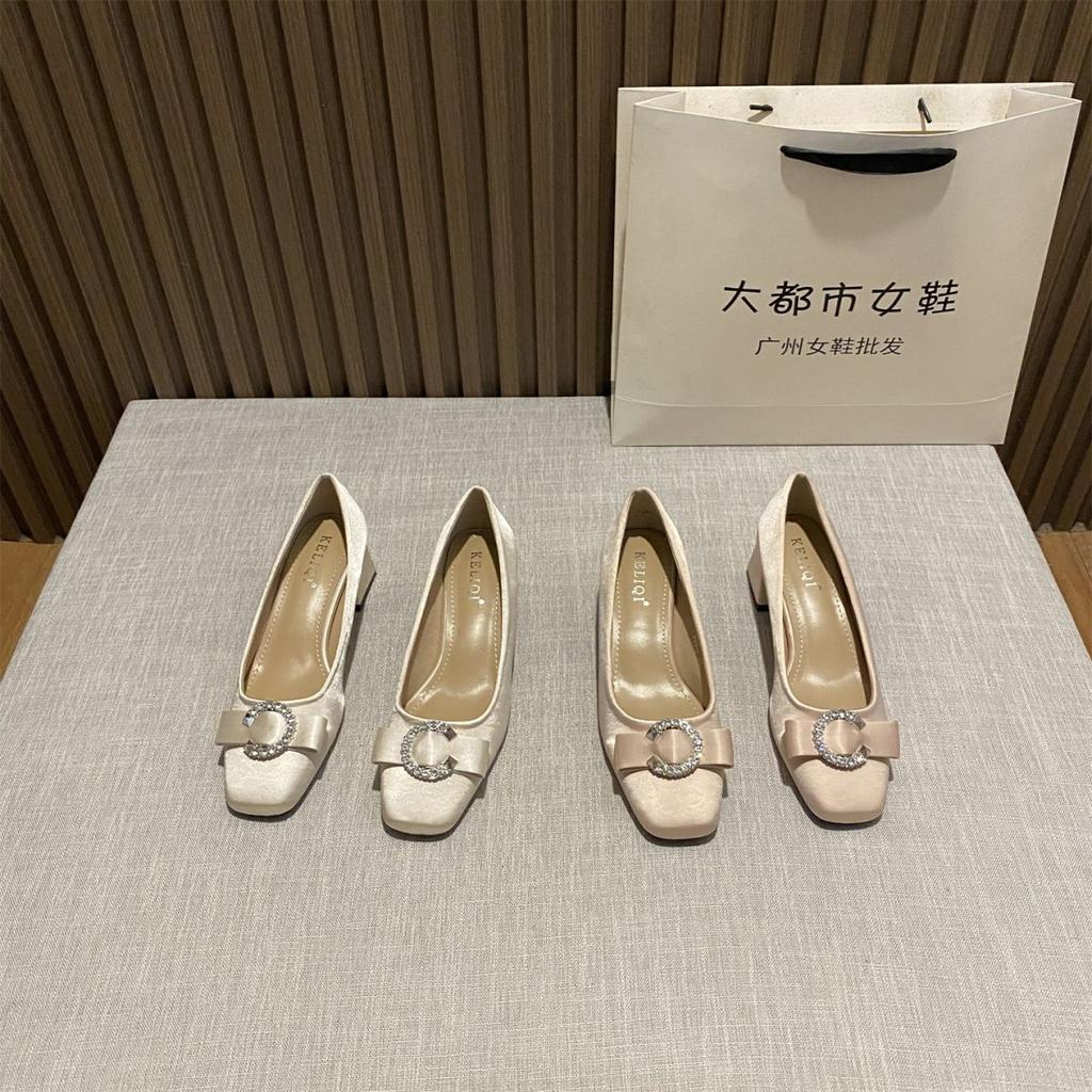 French Elegant Style Square Head Rhinestone Buckle Bow Single Shoes Women's 2025 New Silk and Satin Versatile Commuter High Heels