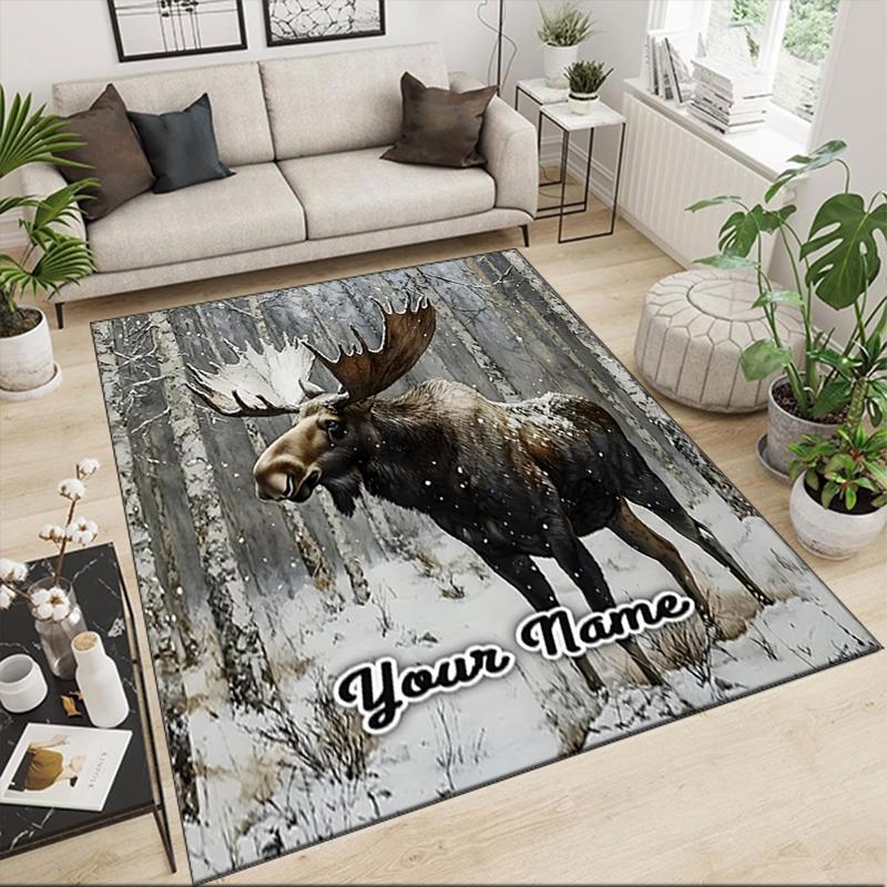 1PC Custom Name Moose Winter Forest Theme Floor Mat Ideal for Living Room, Game Rooms, Office, Bedroom,Floor Mat Playful Design
