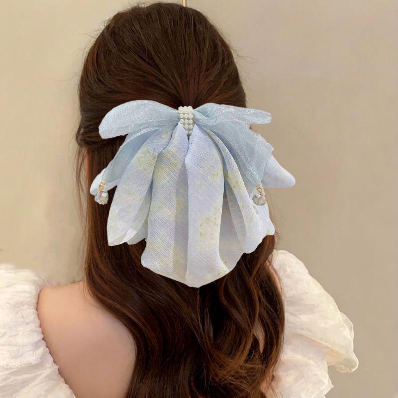 Handmade Chiffon Floral Bow Ponytail Clip for Voluminous Hair