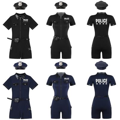 Zipper Short Sleeve Jumpsuit Costume Women S-4XL - 4Pcs Cop Outfits Policewoman Role Play Set with Belt, Purse, Hat Uniform