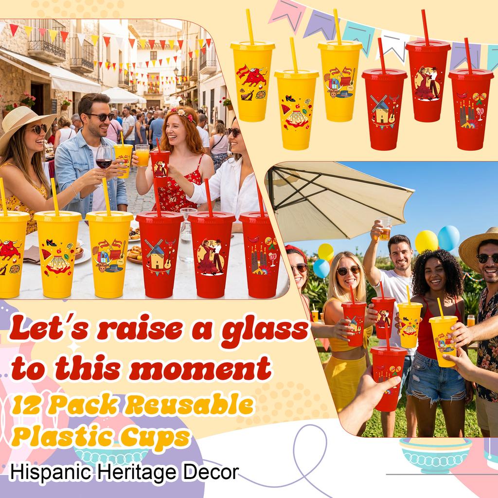 12 Pcs Hispanic Heritage Month Decorations Plastic Cups 24 Oz Latin American Spanish Reusable Tumblers With Straw And Lid Iced C
