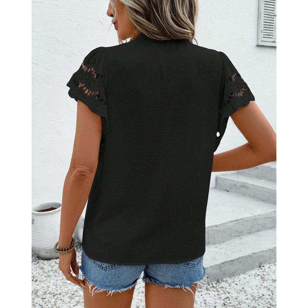 Lace Hollow Cardigan Button Short Sleeve T-shirt Tops Women