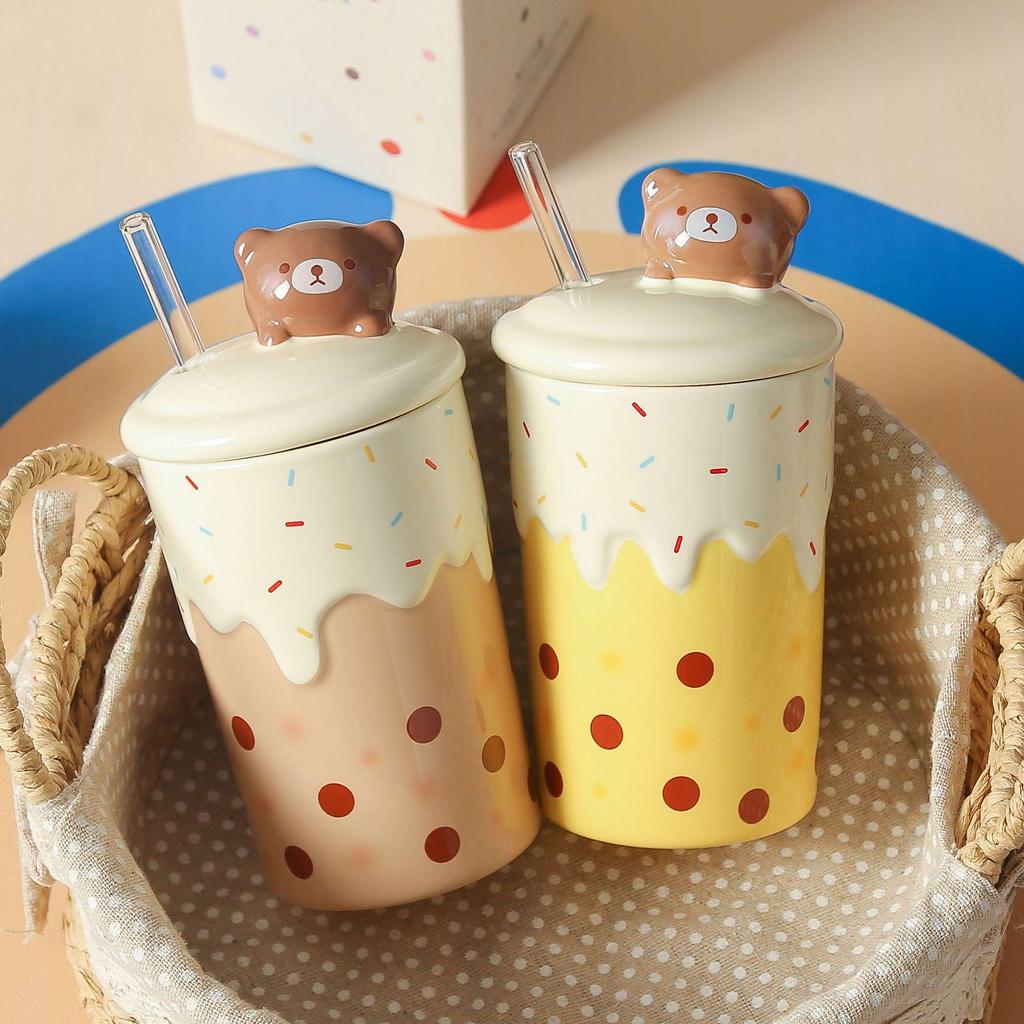 Adorable Bear Ceramic Mug with Lid and Straw - Large Capacity Cup for Home