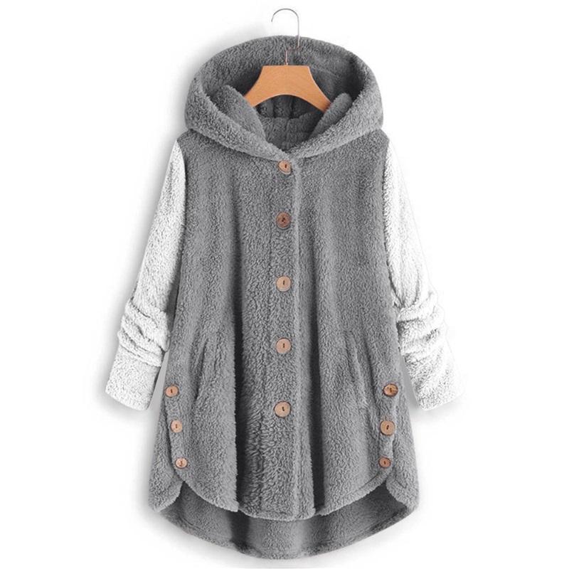 Women's Two-Tone Fleece Coat Hooded Button-Up Winter Warm Jacket