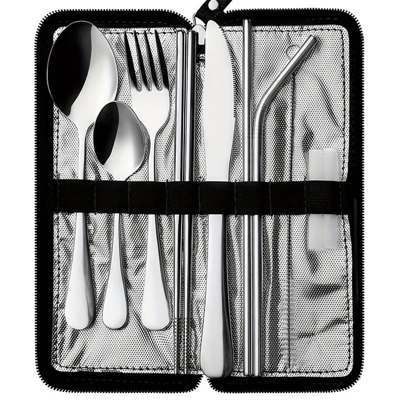 10Pcs Portable Utensils Travel Camping Cutlery Set Stainless Steel Tableware Set Knife Fork Spoon Chopsticks Straw Brush Gift