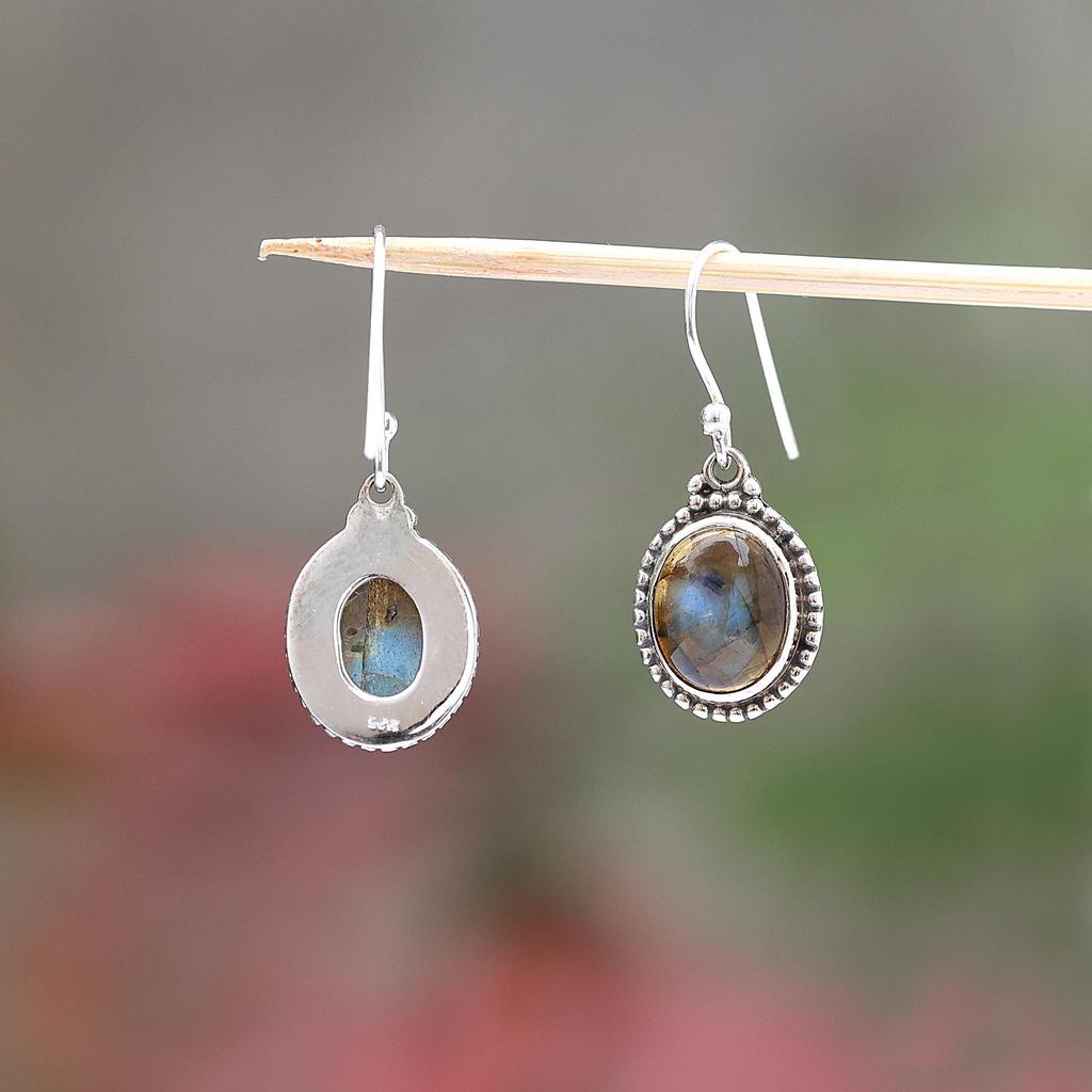 Náušnice z přírodního labradoritu, stříbro 925, ručně vyráběné šperky, visací náušnice
