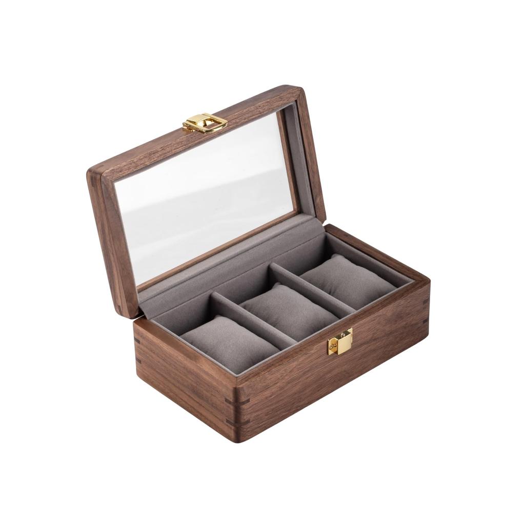 Musowood Wooden Watch Case with Transparent Removable Luxury Watch Display Case 3 Window, Pillow, (Walnut) (Holds Watches)