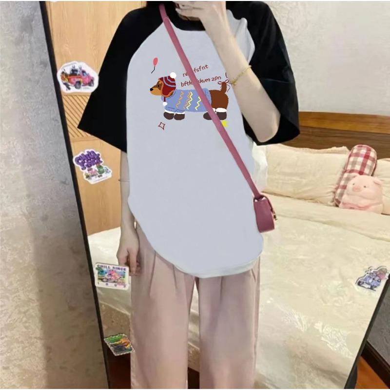 Loose Large Color-blocked Rotator Sleeve Rag-sleeved Short-sleeved T-shirt for Women In Spring and Summer Korean Style Design Top