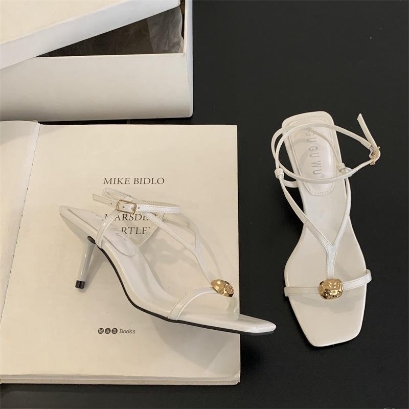 Metal Buckle One-word with Square Head Thin Heel Open-toed Women's Shoes 2025 Summer New Thin Strap Celebrity Sandals with Skirt Shoes