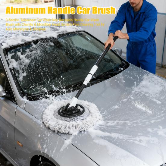 3-Section Telescopic Car Wash Mop Bendable Handle Car Wash Brush with Chenille & Microfiber Head Scratch-Free Cleaning Tool for Auto Motorcycle