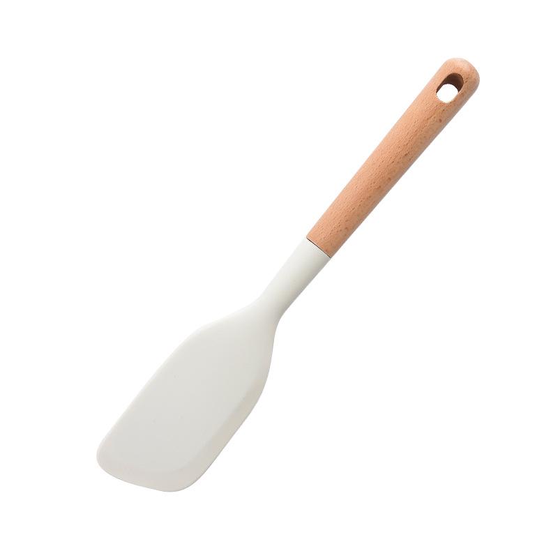 Heat-Resistant Silicone Kitchenware Set: Spatula, Soup Ladle, Slotted Spoon, Rice Spoon, Frying Pan Scraper, Oil Brush, and Flour Grabber.