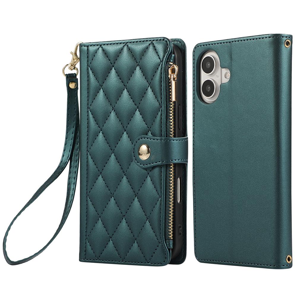 For iPhone 16 Case Multi Card Slots Zipper Rhombus Leather Phone Cover with Wrist Strap