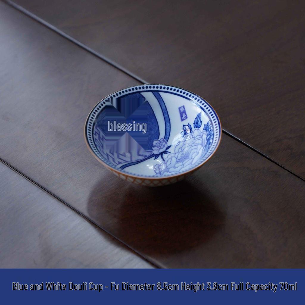 Two-Color Blue & White Porcelain Douli Teacup - Ceramic Kung Fu Master Cup, Japanese Tasting Bowl, Single Tea Cup.
