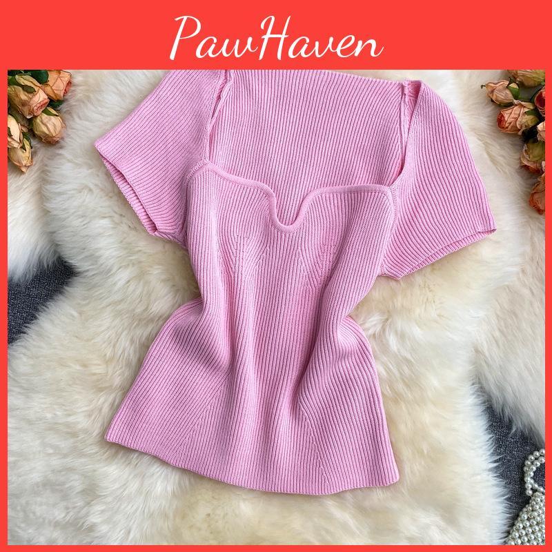 Color Summer T Women Solid Shirt Short Sleeve Square Collar Straight Tee Shirt Wear Top