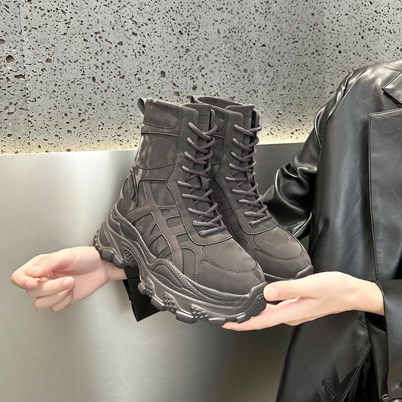 Inner height increase 2025 autumn and winter platform cowhide high-top shoes fleece thickened dad shoes women's versatile sports and leisure shoes