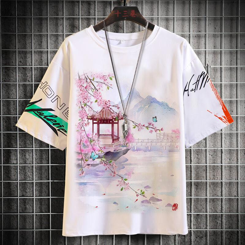 Short sleeved T-shirt, water-based 3D printed short sleeved shirt, neutral summer shirt, creative and fun landscape painting casual top