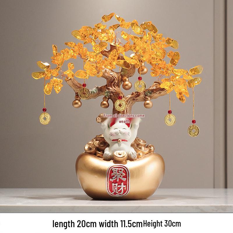 Fortune Cat Money Tree Figurine - Office, Shop, Reception & Housewarming Decoration