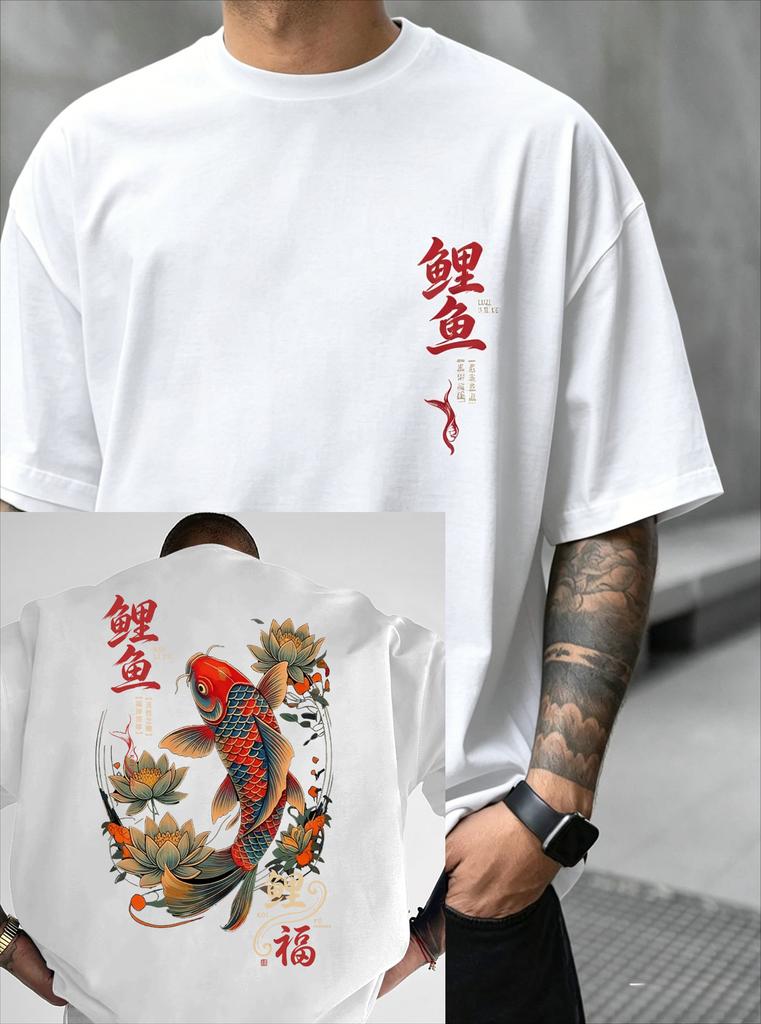 2026 New Summer Unisexs Koi Fish Fortune Tshirt Japanese Lotus Print Streetwear Crew Neck Short Sleeve Tops Highquality Tees