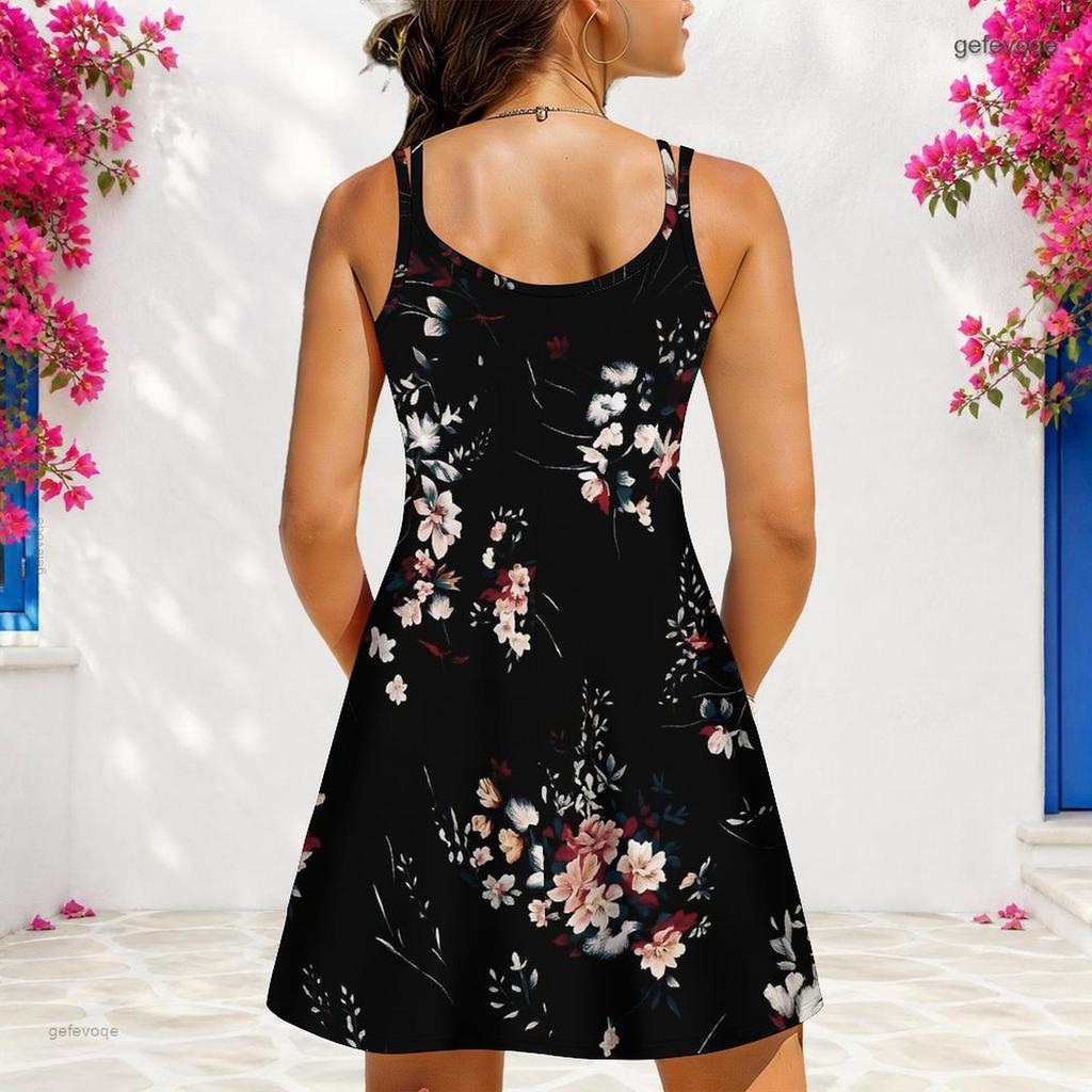 Women Plus Size V Neck Double Straps Sleeveless Purple Black Butterfly Printed Mini Dress