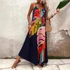 Women's V Neck Sleeveless Abstract Print Maxi Dress Loose Casual Summer Beach Long Sundress