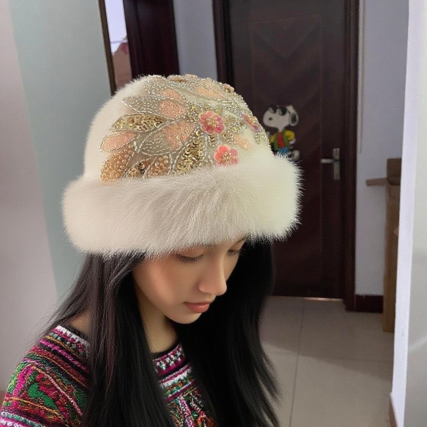 New Plush Hat Fashionable Foreign Style Warm Ethnic Style Winter Imitation Fox Cold Ear Protection Thickened Embroidered Hat