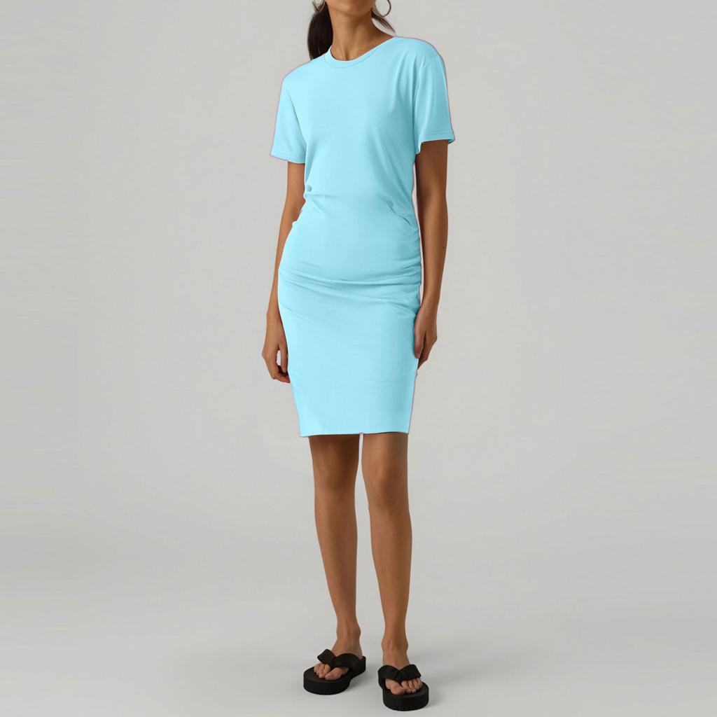Women's Casual Fashion Summer Short Sleeved Pleated Round Neck Tight Hip Dress