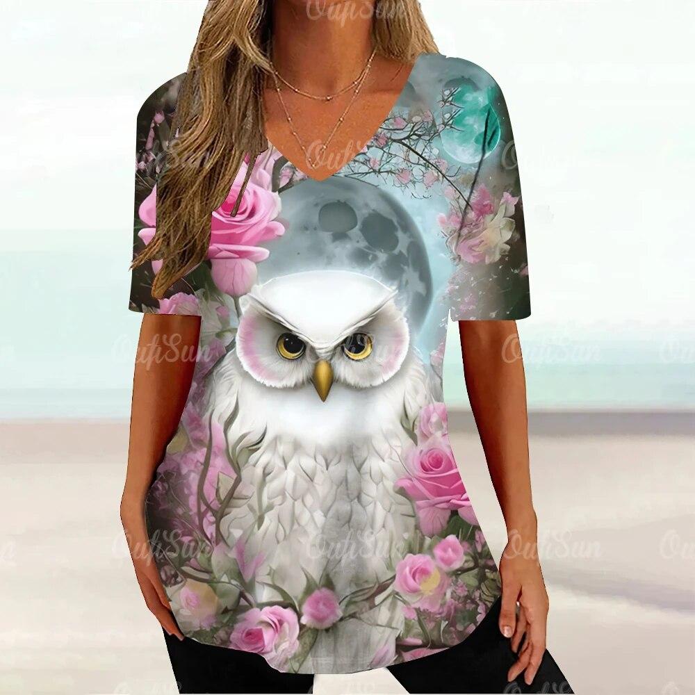Dámská trička Vintage sova Zvířecí grafický potisk Tričko Letní móda Výstřih do V Krátký rukáv Top Trička Oversized Dámské tričko Oblečení